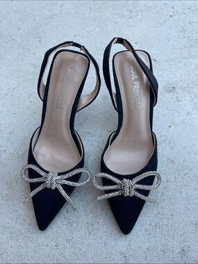 Soul Princess Black Rhinestone Bow Slingback Heels Size 7.5 Pointed Toe